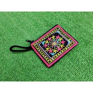 Handmade Embroidered Sequin Pink Custom Small Zippered Pouch Wristlet Clutch New